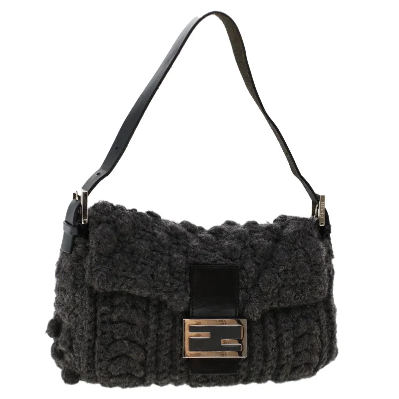 FENDI Mamma Baguette Shoulder Bag Wool Leather Gray  yk7448