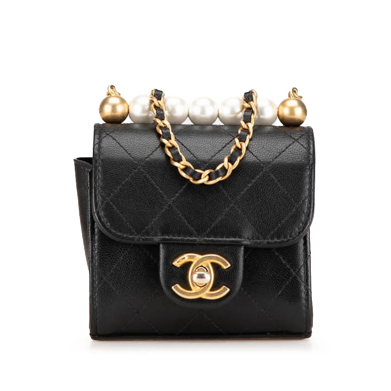 Black Chanel Mini Goatskin Chic Pearls Clutch On Chain Crossbody Bag