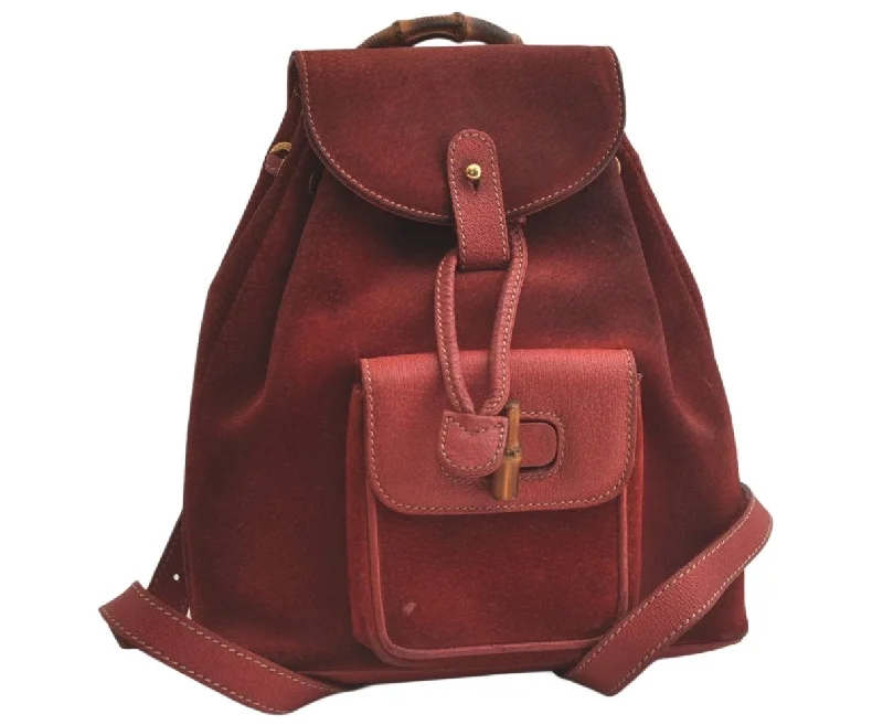 Authentic GUCCI Vintage Drawstring Bamboo Backpack Suede Leather Red 6261K