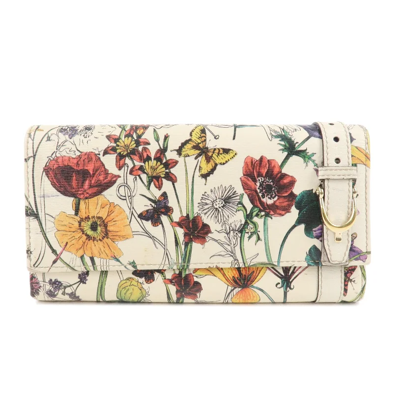 GUCCI Flora Leather Bifold Long Wallet Beige 309760