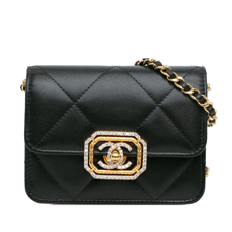 Black Chanel Quilted Calfskin Strass Card Holder On Chain Crossbody Bag