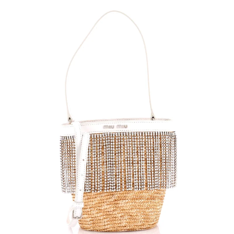 Fringe Bucket Bag Raffia with Crystals Small