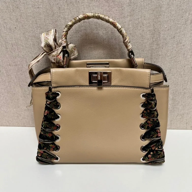 Fendi Peekaboo Beige Leather Embroidered Medium Handbag