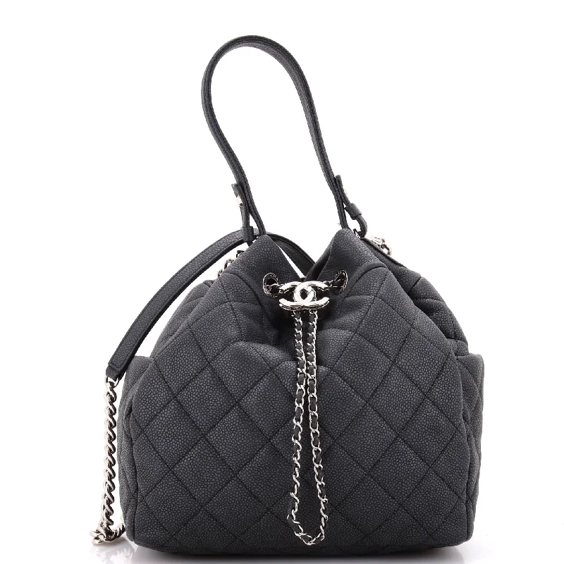 CC Chain Drawstring Bucket Bag Quilted Caviar Small