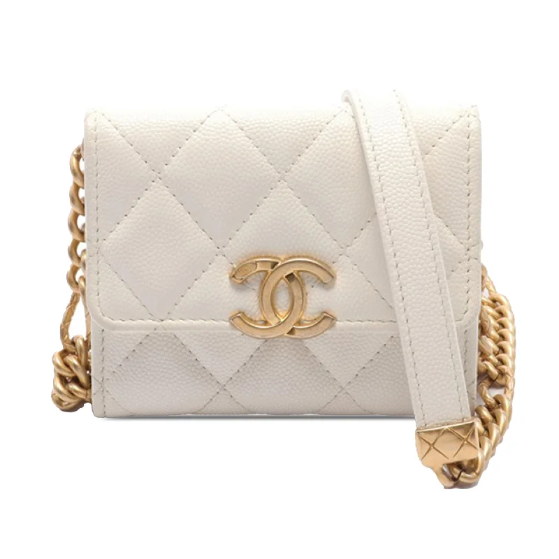 White Chanel Quilted Caviar Card Holder on Chain Crossbody Bag