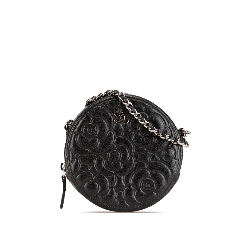 Black Chanel Goatskin Camellia Round Clutch with Chain Crossbody Bag