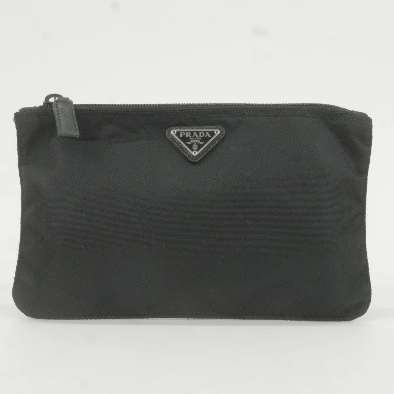 PRADA Logo Nylon Leather Pouch Clutch Cosmetic Bag NERO Black