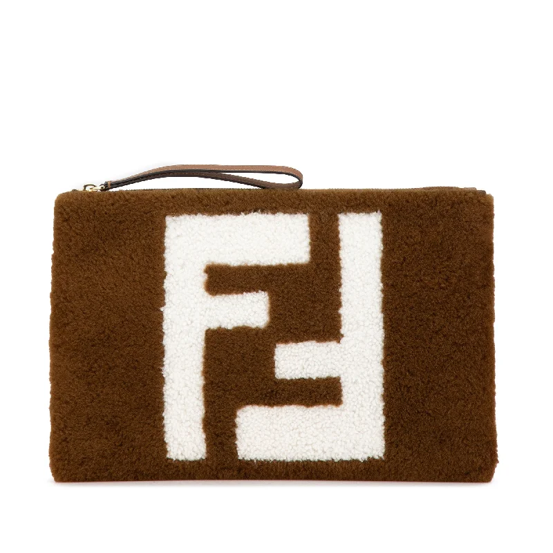 Brown Fendi Shearling FF Flat Pouch Clutch Bag