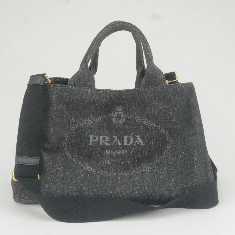 PRADA Logo Canapa Denim Tote Bag Hand Bag NERO Black B2642B