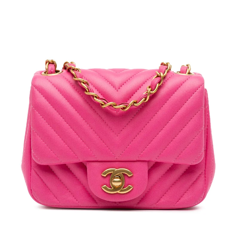 Pink Chanel Mini Square Classic Chevron Lambskin Flap Crossbody Bag