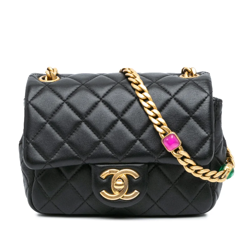 Black Chanel Mini Square Lambskin Pearl Samba Flap Crossbody Bag