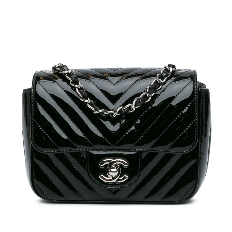 Black Chanel Mini Square Classic Patent Chevron Flap Crossbody Bag