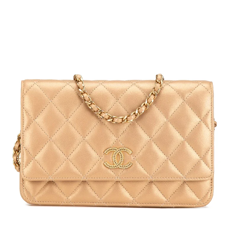 Gold Chanel CC Quilted Lambskin Coin Charm Wallet on Chain Crossbody Bag