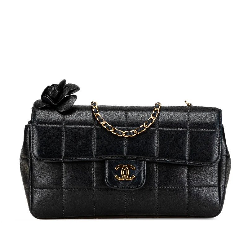 Black Chanel Extra Mini Chocolate Bar Camellia Lambskin Flap Crossbody Bag