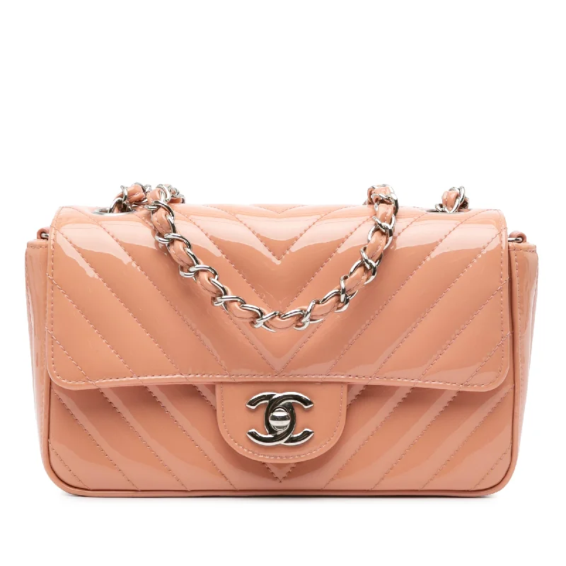 Pink Chanel Mini Rectangular Classic Chevron Patent Single Flap Crossbody Bag