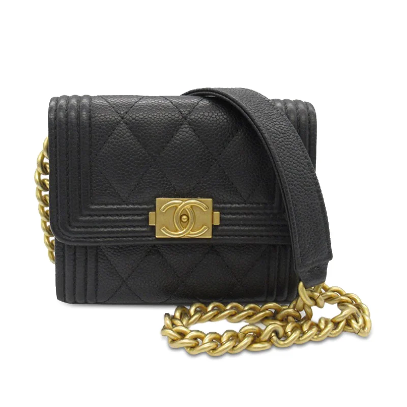 Black Chanel Quilted Caviar Boy Card Holder with Chain Crossbody Bag