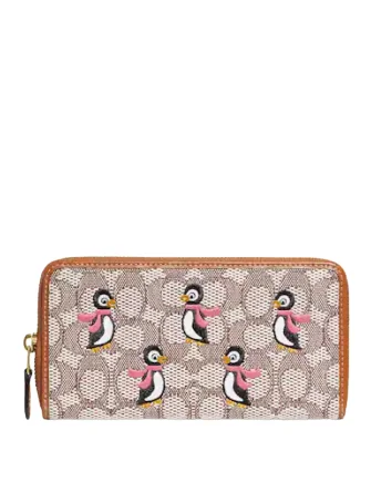 Coach Accordion Zip Wallet In Signature Textile Jacquard With Penguin Motif