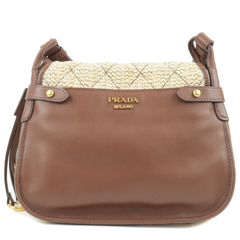 PRADA Corsaire Straw Leather Shoulder Bag Beige Brown 1BD050