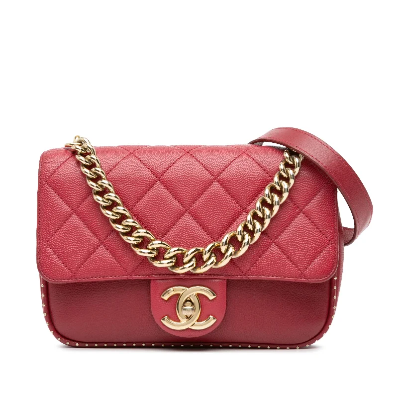 Red Chanel Small Quilted Caviar Studded Chain Handle Flap Satchel