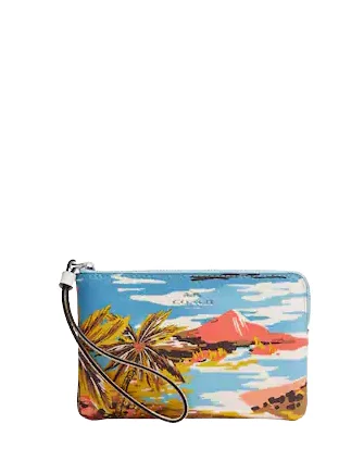 Coach Corner Zip Wristlet With Hawaiian Print