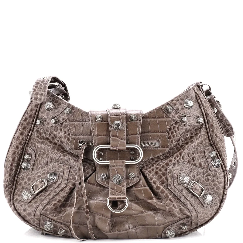 Le Cagole Giant Studs Shoulder Bag Crocodile Embossed Leather Medium