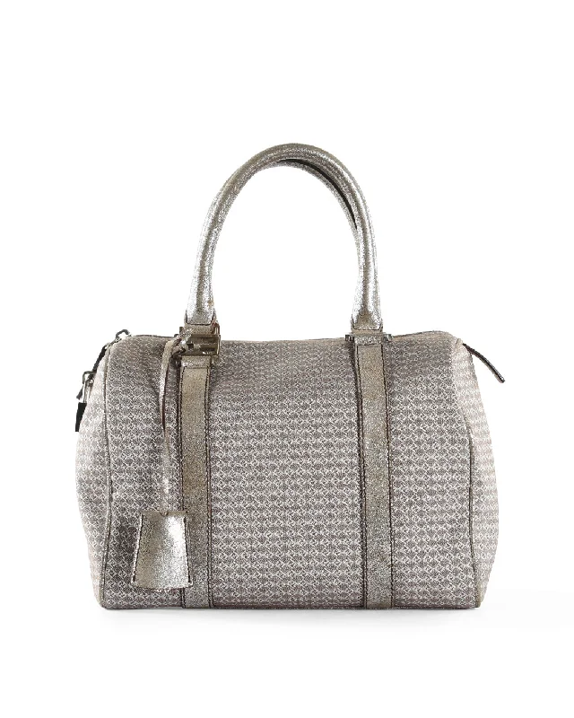 FENDI Metallic Silver/Brown Micro Zucchino Canvas & Leather Bauletto Forever Boston Bag