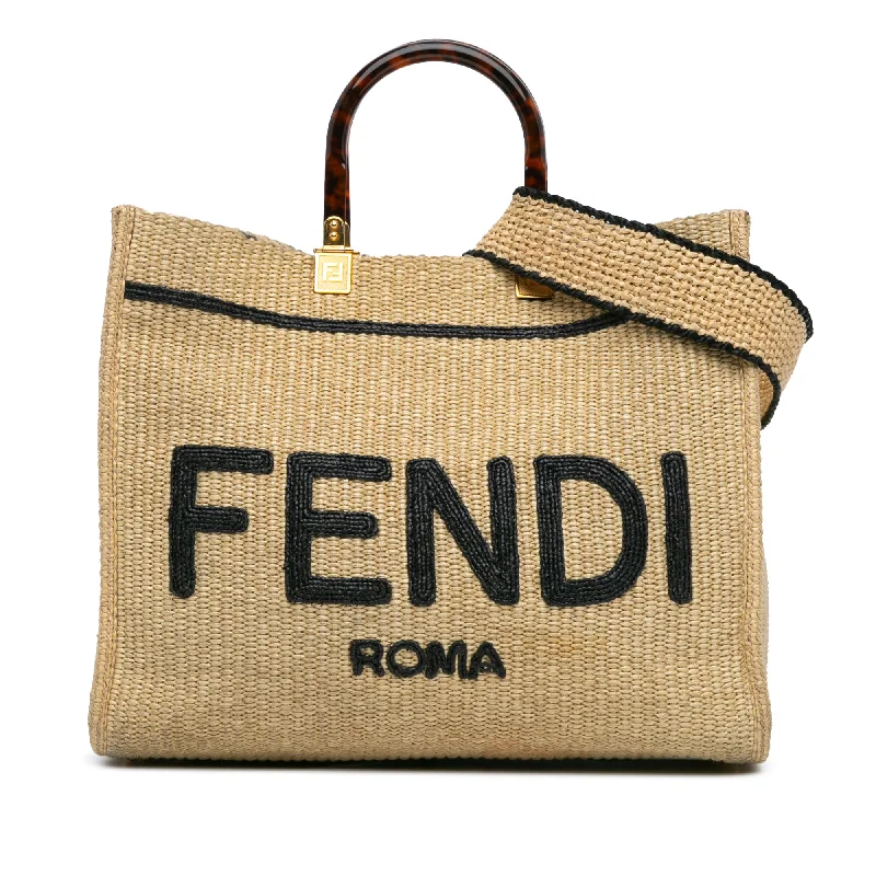 Brown Fendi Medium Sunshine Raffia Tote Satchel