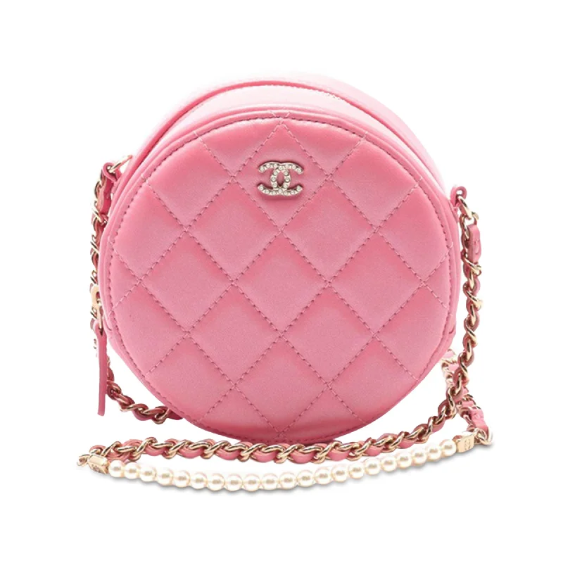 Pink Chanel Quilted Lambskin Round Pearl Clutch with Chain Crossbody Bag