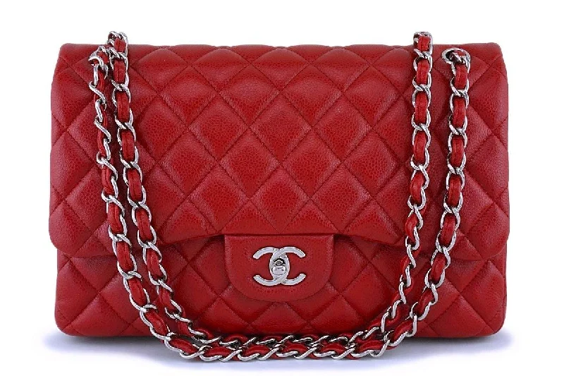 11P Chanel Red Caviar Jumbo Classic Double Flap Bag SHW