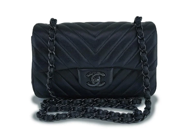 15S Chanel So Black Lambskin Chevron Rectangular Mini Flap Bag