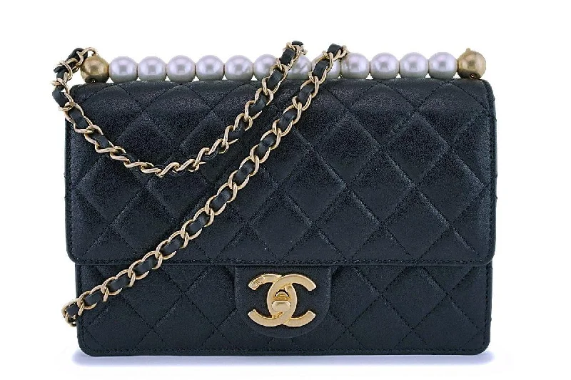 19S Chanel Black Lambskin Chic Pearls Classic Limited Mini Pearl Flap Bag GHW