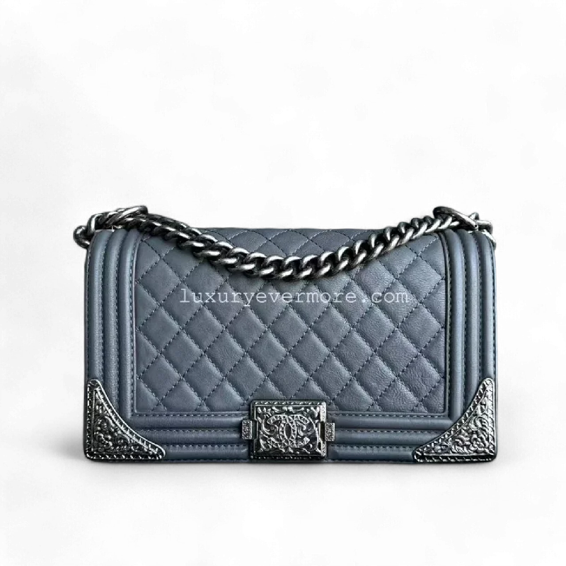 Chanel Boy Medium - 25CM Calfskin Quilted Limited Edition Metal Edges Leboy Ruthenium Silver Hardware Series 19