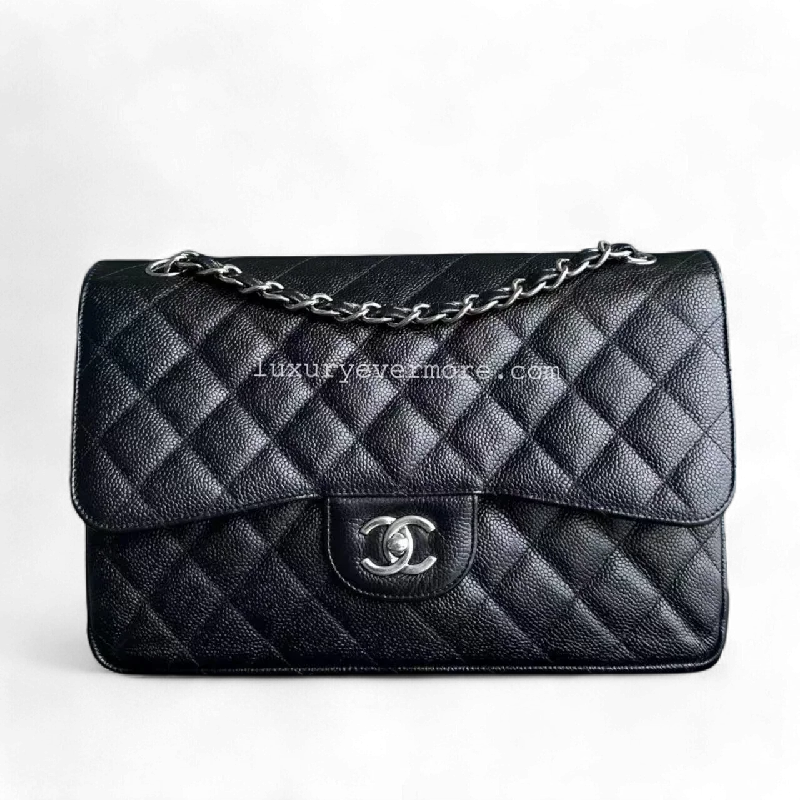 Chanel Classic Flap Jumbo - Caviar Double Flap Quiltd Black Silver Hardware Series 17