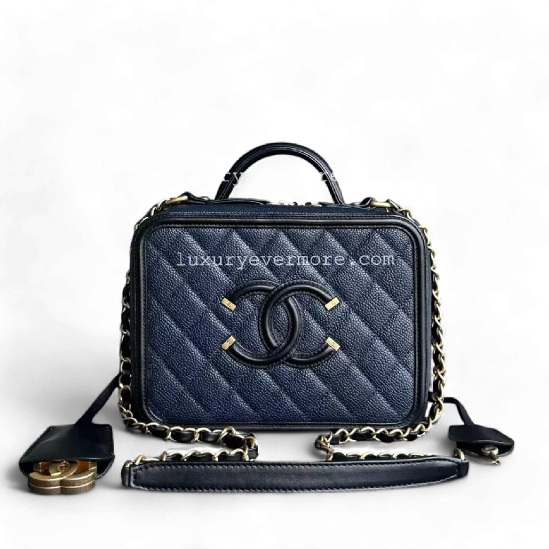 Chanel Vanity Case Filigree - Caviar Quilted Blue Black Golden Hardware