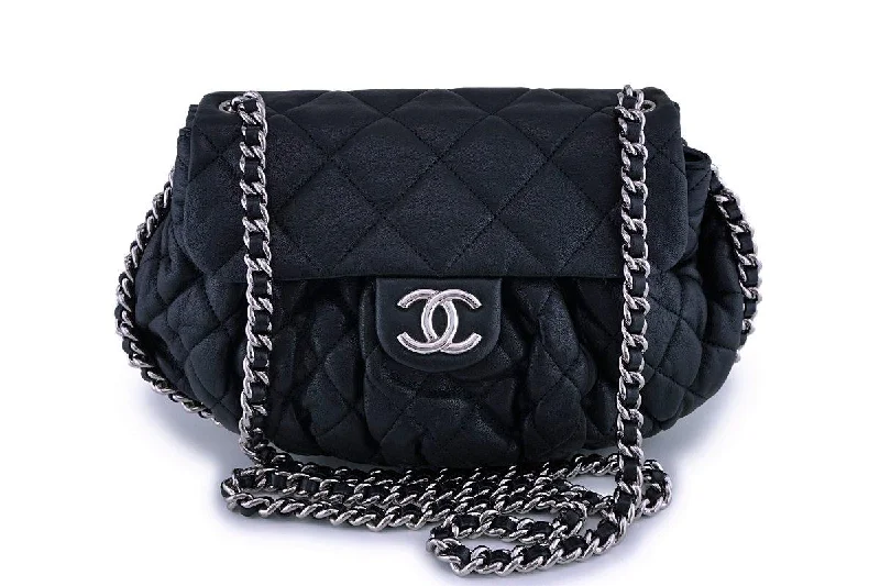 Chanel Black Textured Calf Medium Chain Around Crossbody Flap Bag SHW