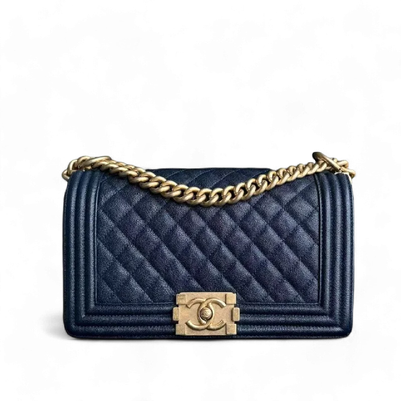 Chanel Boy Medium - 25CM Caviar Quilted Dark Navy Blue Gold Hardware