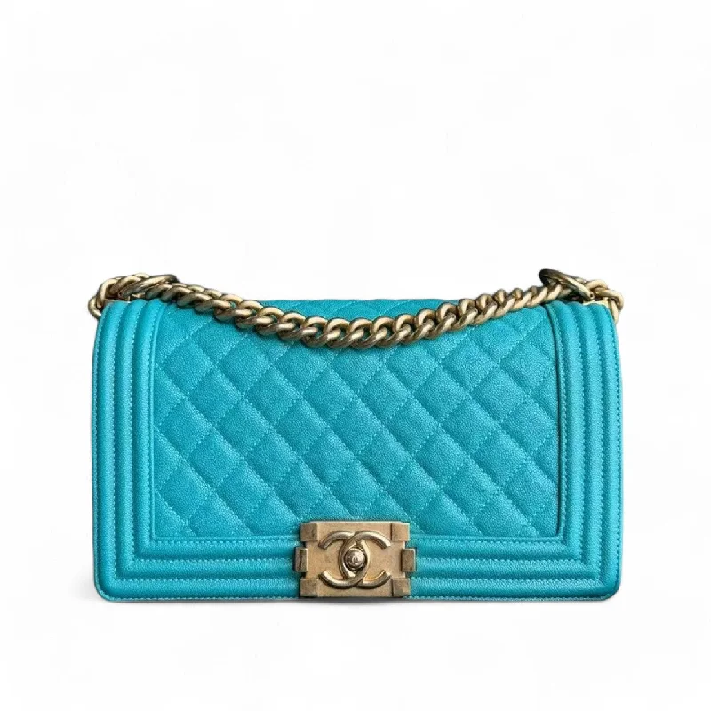 Chanel Boy Medium - Caviar 25CM Quilted Blue Gold Hardware Series 28