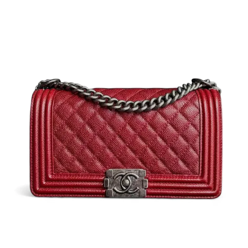 Chanel Boy Medium - Caviar 25CM Quilted Burgundy Dark Red Ruthenium Silver Hardware Series 20