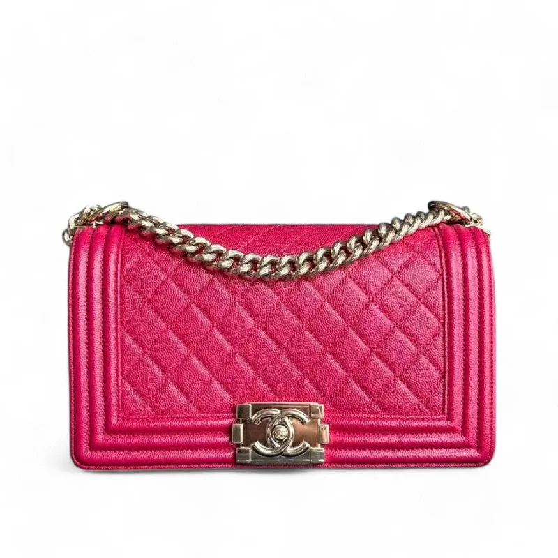 Chanel Boy Medium - Caviar 25CM Quilted Hot Pink Gold Hardware Series 23