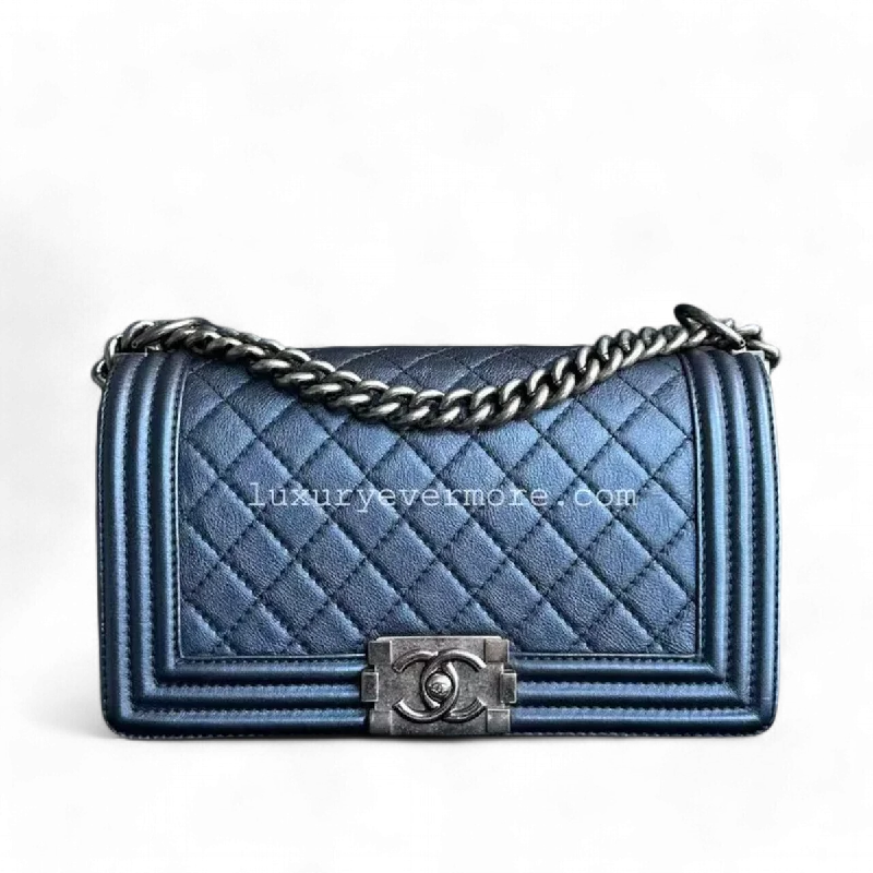 Chanel Boy - Old Medium Calfskin Metallic Blue Ruthenium Silver Hardware Series 18