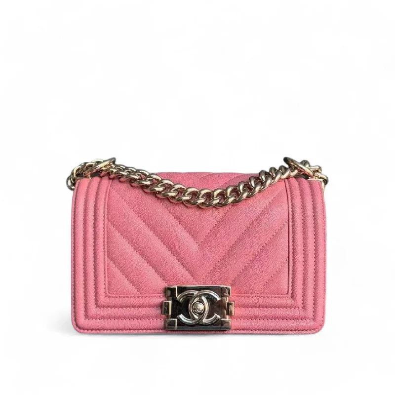 Chanel Boy Small - Caviar 20CM Chevron Pink Gold Hardware Series 28