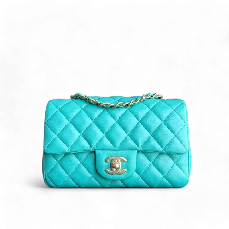 Chanel Classic Flap Mini - 20CM Rectangle Quilted Lambskin Cyan Gold Hardware