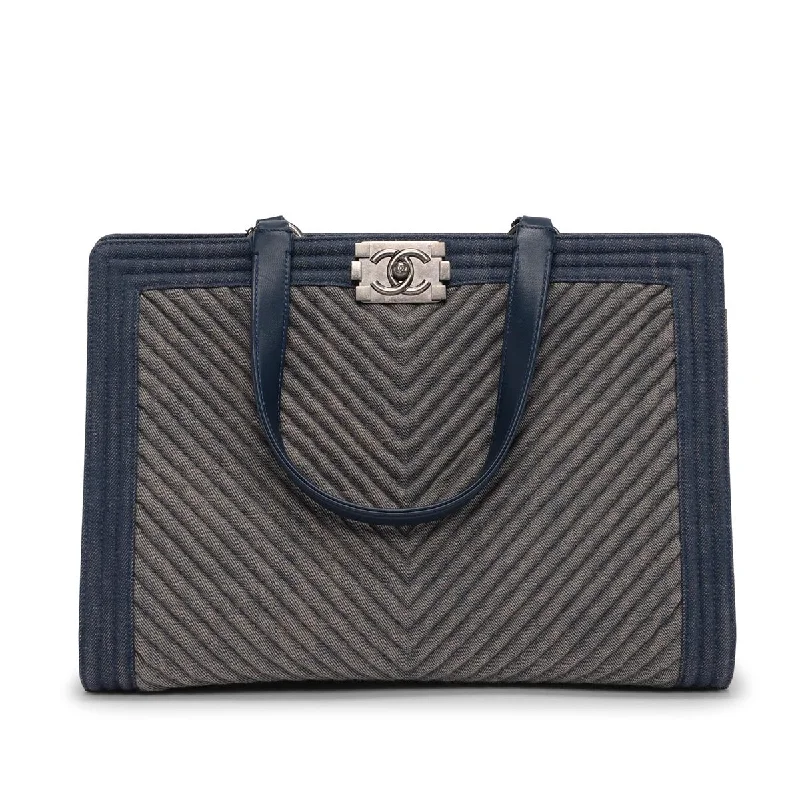 Chanel Light Blue Chevron Denim Boy Tote