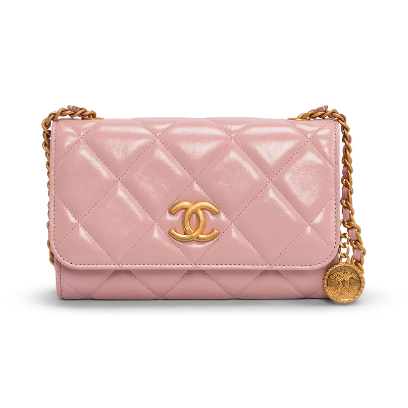 Chanel Pink Glossy Lambskin CC Medallion Wallet on Chain