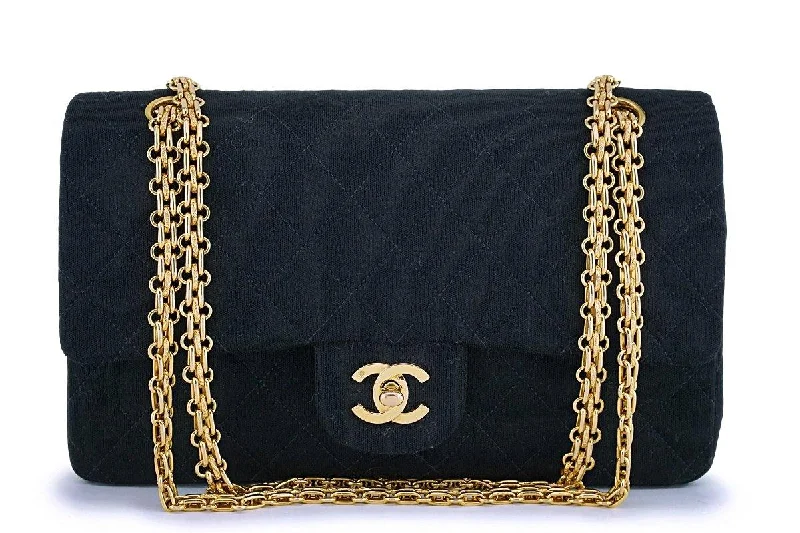 Chanel Vintage Black Jersey Canvas Medium Classic Double Flap Bag 24k GHW