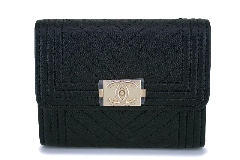 NIB 18S Chanel Black Caviar Chevron Boy XL Card Wallet Case GHW