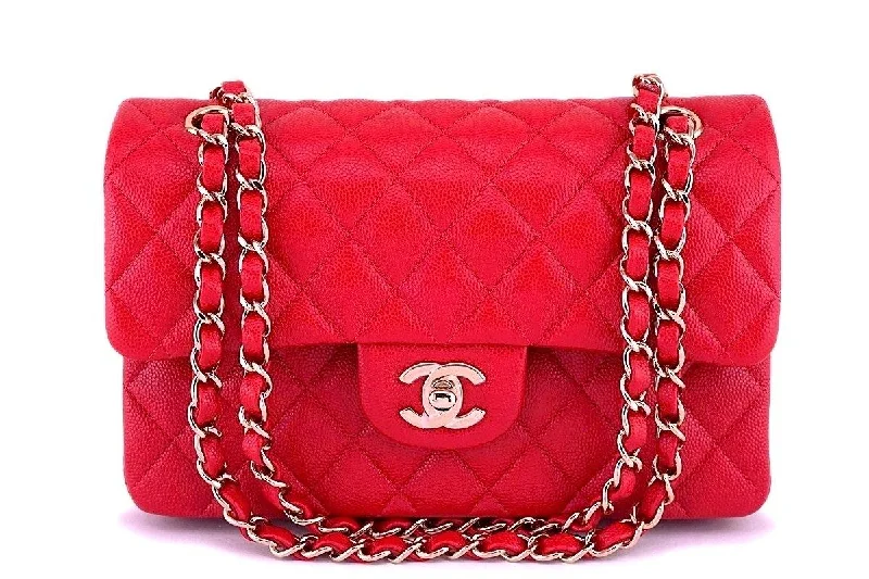 NIB 19B Chanel Red Caviar Small Classic Double Flap Bag GHW