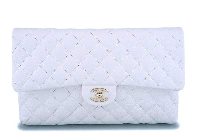 NIB 19B Chanel White Caviar Timeless Classic Flap Clutch Bag GHW