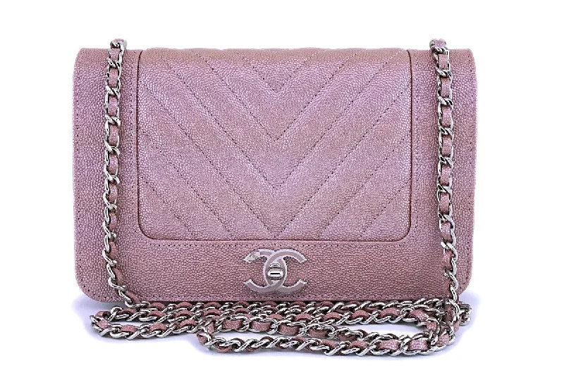 NIB 19P Chanel Pink Caviar Rose Gold Chevron Wallet on Chain WOC Flap Bag