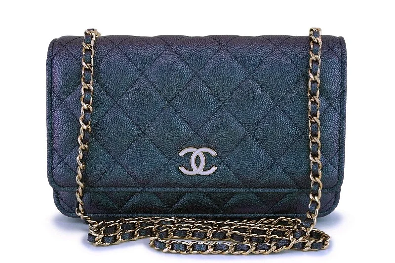 NIB 19S Chanel Iridescent Black Caviar Classic Wallet on Chain Pearly CC WOC Bag  NR